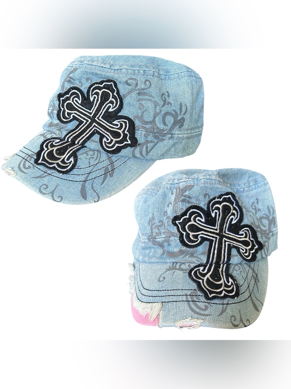 Y2K Grunge Style Light Wash Ripped Denim Cross Embroidered Hat